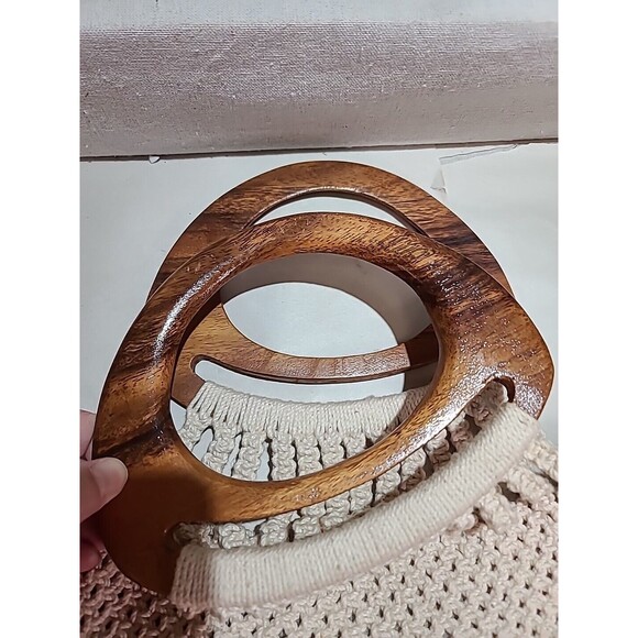 NEW NOS Vintage 1970s Handmade Macrame Purse Pocketbook Bag Wooden Handles MCM - Picture 3 of 8